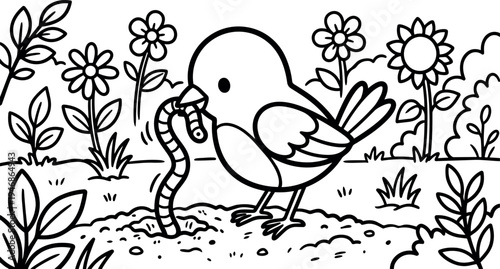 Black and white line art vector of small bird holding worm in beak standing in garden with flowers and bushes