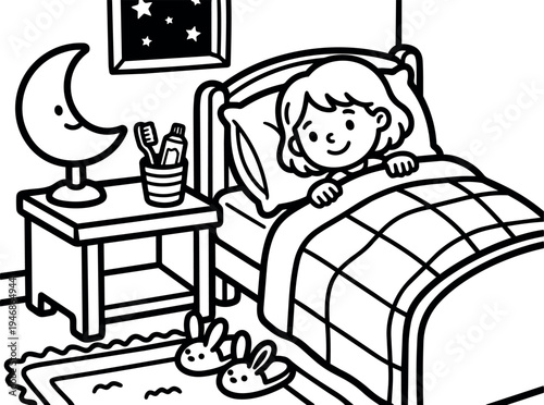 Black and white line art girl smiling lying in bed with checked blanket next to bedside table with moon lamp toothbrush holder and slippers in children bedroom