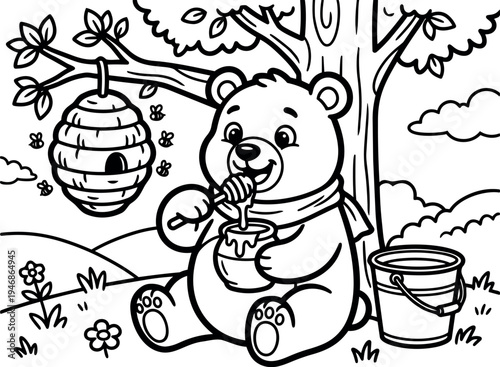 Cute cartoon bear sitting under tree eating honey from jar with beehive and buzzing bees outside