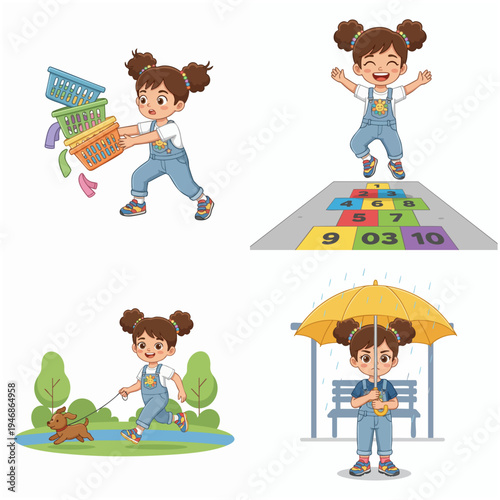 Cartoon Style Cute Girl Playing Different Activity Illustration Set