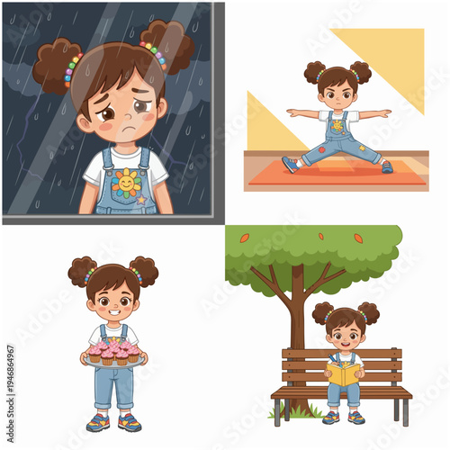 Cute Cartoon Little Girl Character Daily Activities Set Illustration