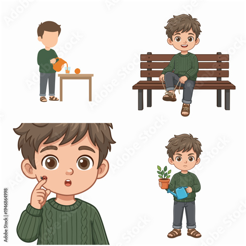 Cartoon Style Diverse Boy Character Activities Illustration with Gardening and Relaxing