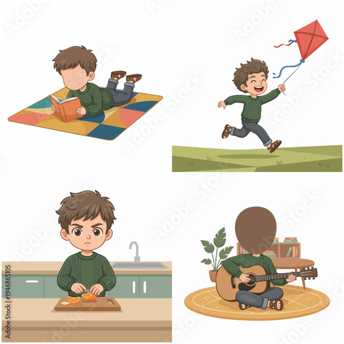 Flat Illustration of Faceless Boy Playing, Flying Kite, Helping Cooking and Playing Guitar