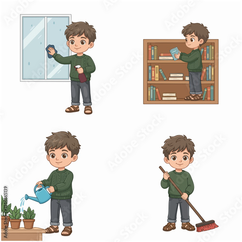 Cute Handdrawn Little Boy Character Doing Household Chores Illustration Set