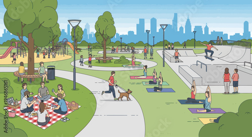 City Park Life: People Enjoying Outdoor Activities, Skateboarders, Yoga, Picnic