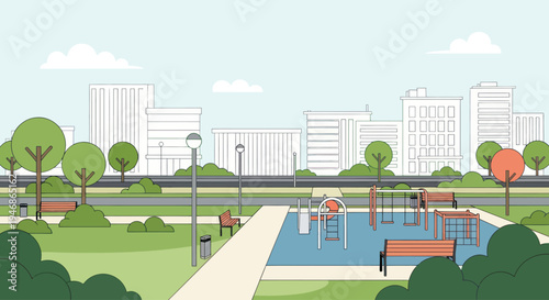 Urban park with playground and city skyline, flat design, illustration