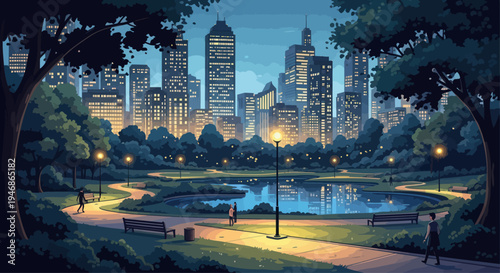 Nighttime City Park with Illuminated Skyline, Lake, and Walking Paths