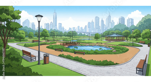 Serene City Park Landscape with Pond, Gazebo, and Skyline