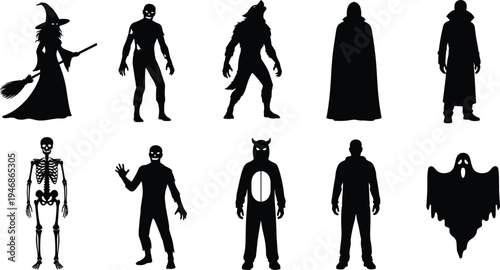 Black and white vector icons of spooky Halloween monsters including witch skeleton ghost zombie and werewolf for horror party and seasonal holiday designs.