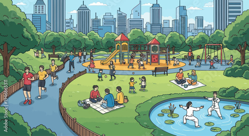 Vibrant City Park with Diverse Activities: Families, Sports, and Relaxation