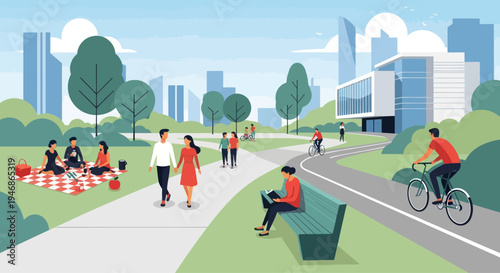 City park life: people enjoying recreation and leisure in urban green space