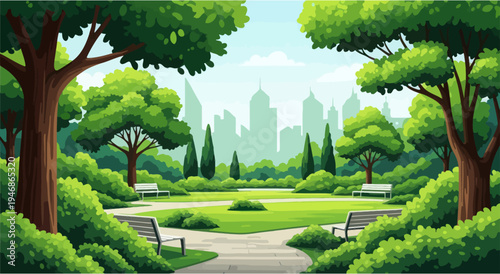 Lush green city park with benches and skyline view, tranquil urban oasis