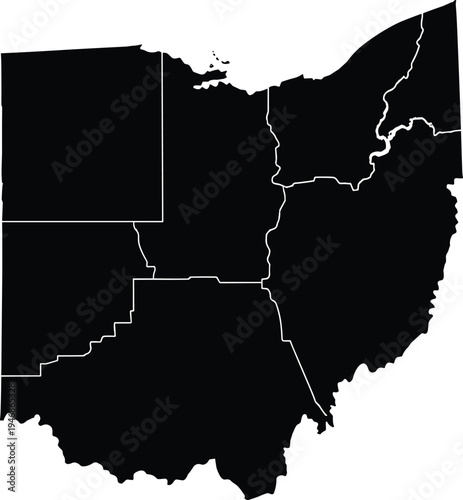 Black and white vector map of Ohio state showing regional divisions and geographic districts for educational, statistical, and professional business presentation designs