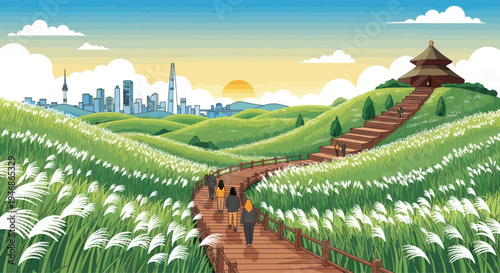 Pixel Art Landscape: People Walk Path to Pagoda Overlooking City Skyline at Sunrise