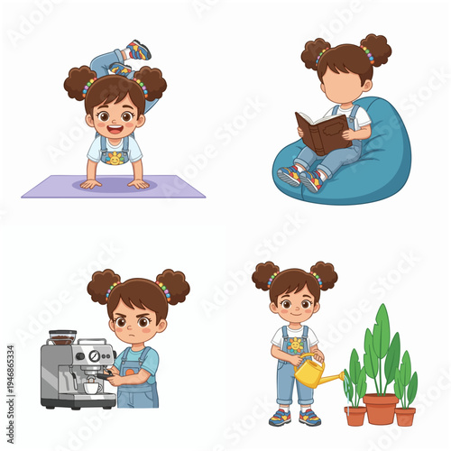 Cartoon Cute Little Girl Character Doing Various Activities Illustration Set
