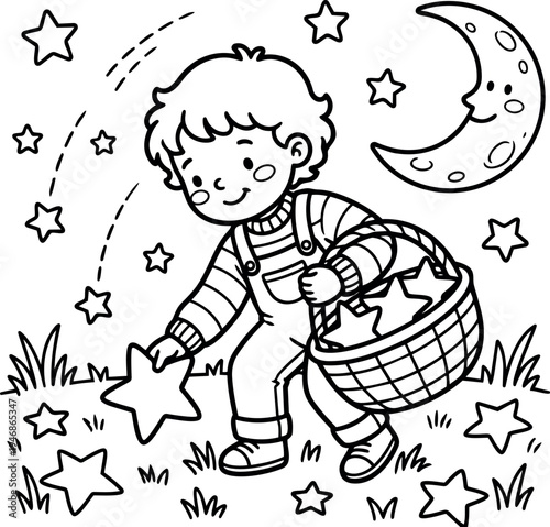 Cute smiling boy picking up stars with basket under crescent moon night sky black and white vector line art