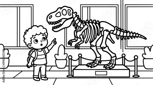 Cute little boy with backpack pointing at large dinosaur skeleton exhibit in museum interior scene black line art style