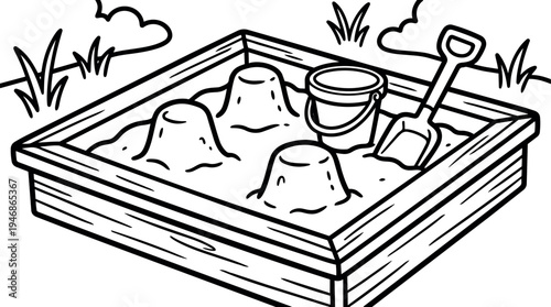 Black and white line art sandbox with shovel and bucket three sand mounds outdoor playground illustration