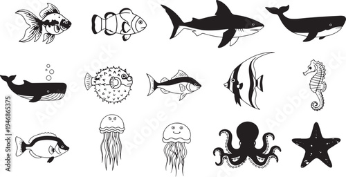 A black and white illustration of various ocean creatures on a white background