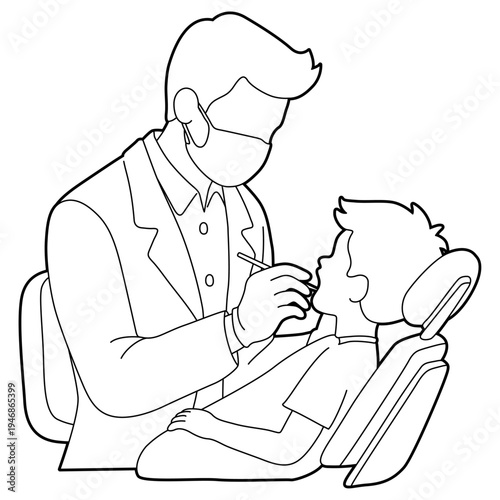 Dentist Seeing a Patient Line Illustration.