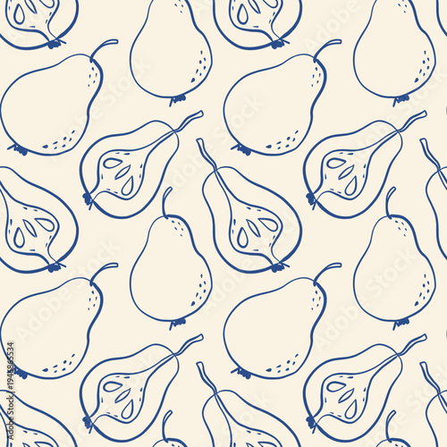 Seamless hand drawn pattern with pears in blue monochrome style.