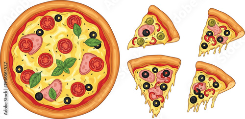 Vector illustration of whole pizza and assorted slices with cheese, tomato, olives, ham, basil, toppings for food, culinary, and menu design