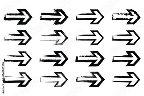 A collection of 16 black arrows pointing right on a white background