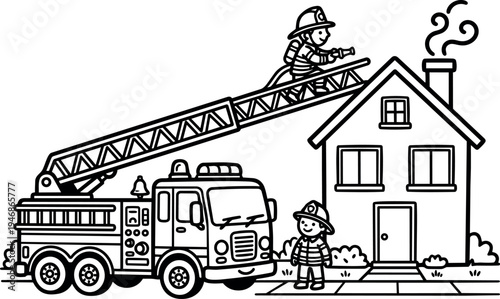 Black and white line art vector of smiling firefighters with firetruck and ladder responding to house fire with chimney smoke safety scene
