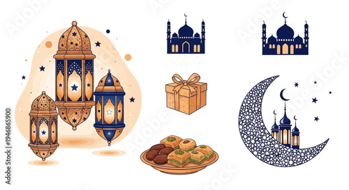 Ramadan lanterns and crescent moon.