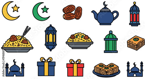 Ramadan Kareem Food and Gifts Icons.