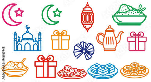 Ramadan Kareem Food and Gifts Icons.