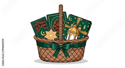 Christmas gift basket with decorations.
