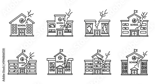 Damaged School Buildings After Earthquake - A Set of Vector Illustrations.