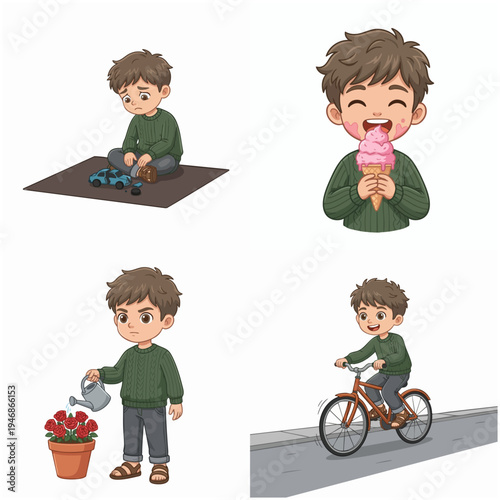 Cartoon Style Little Boy Doing Activities: Playing, Eating, Gardening, Cycling Illustration