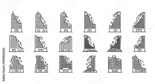 Collection of Damaged Building Icons in Black and White.