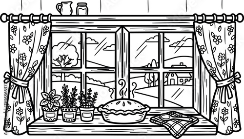 Black and white line art of steaming pie on window sill with potted herbs floral curtains and countryside view through panes