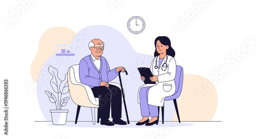 Doctor Consults Elderly Patient In Clinic, Healthcare And Medical Checkup Concept