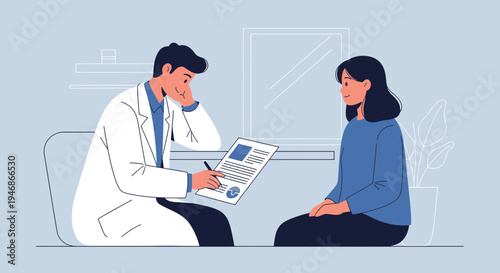 Doctor consulting patient in office, discussing medical report, mental health support