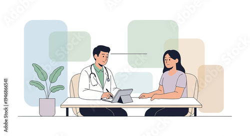Doctor consulting patient in office, discussing medical results on tablet