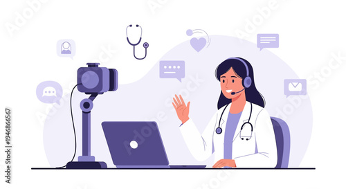 Doctor consulting patient online via video call on laptop, telemedicine concept