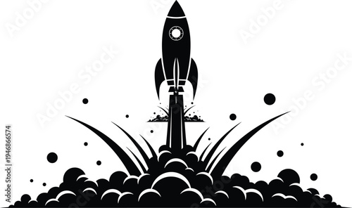 Black silhouette of a rocket ship launching into space with smoke clouds and fire, isolated on white background, business startup and innovation.
