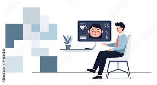 Doctor consulting patient via video call on screen, telemedicine concept