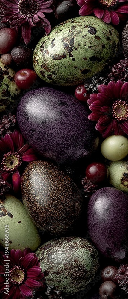 Obraz premium Easter vibes: a symphonic scene of flowers and festive decor. Extravagant style. Whimsical floral arrangement with easter eggs in scenic spring setting. Elegant presentation. Majestic beauty.
