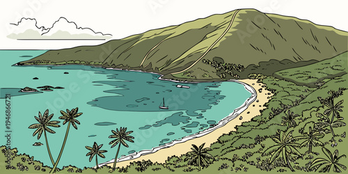 USA, US, U.S, United States - Hanauma Bay coral reef turquoise lagoon panorama tropical island paradise 
