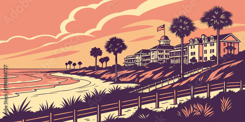 USA, US, U.S, United States - Hilton Head Island luxury beach sunset panorama palm trees coastal resort scenery
