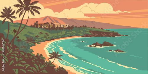 USA, US, U.S, United States - Kaanapali Beach tropical resort sunset panorama turquoise ocean waves
