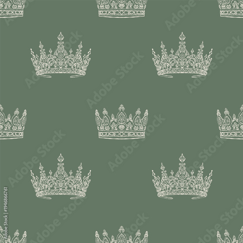 Vintage-style seamless pattern with retro crowns. Vector beige and green background. Outline illustration in Rococo, Baroque, and Victorian styles.