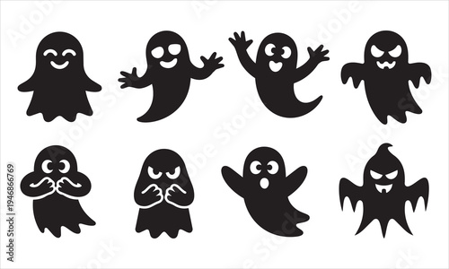 Group of black ghost icons with different emotions for halloween. vector set of spooky characters with various poses and faces with white background