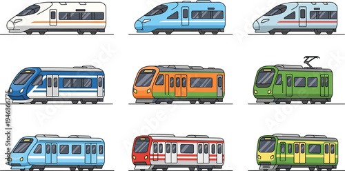 Modern Passenger Train Set with High Speed Rail, Metro, Tram and Commuter Railway Transport Vehicles Collection Vector Illustration