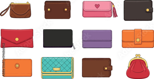 Wallet and Purse Collection with Leather Clutch, Coin Pouch, Card Holder and Fashion Hand Wallet Accessories Vector Illustration Set